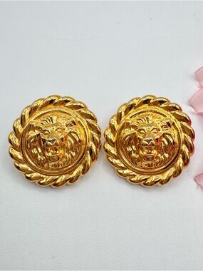 Vintage Anne Klein Lion Stud Earrings Gold Tone Big Statement 90s Runway READ